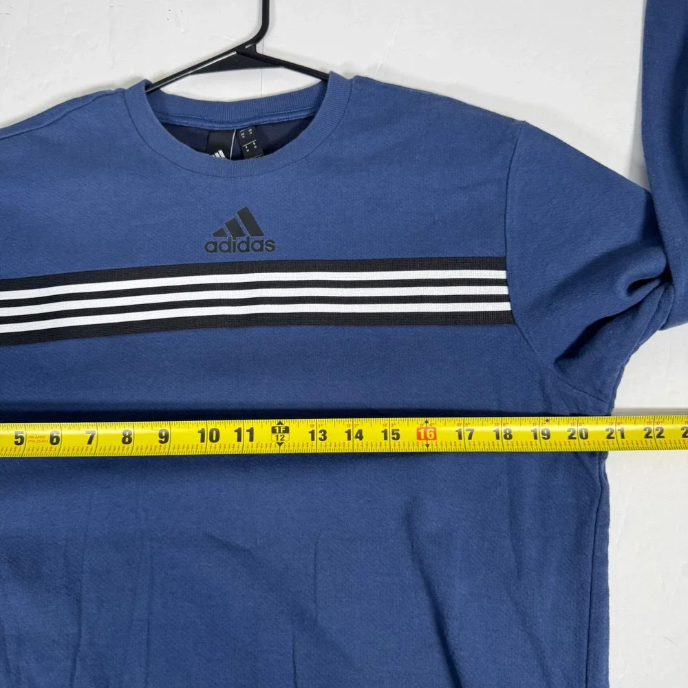 Adidas Sweatshirt Mens Medium Blue Stripe Logo Crewneck Pullover
